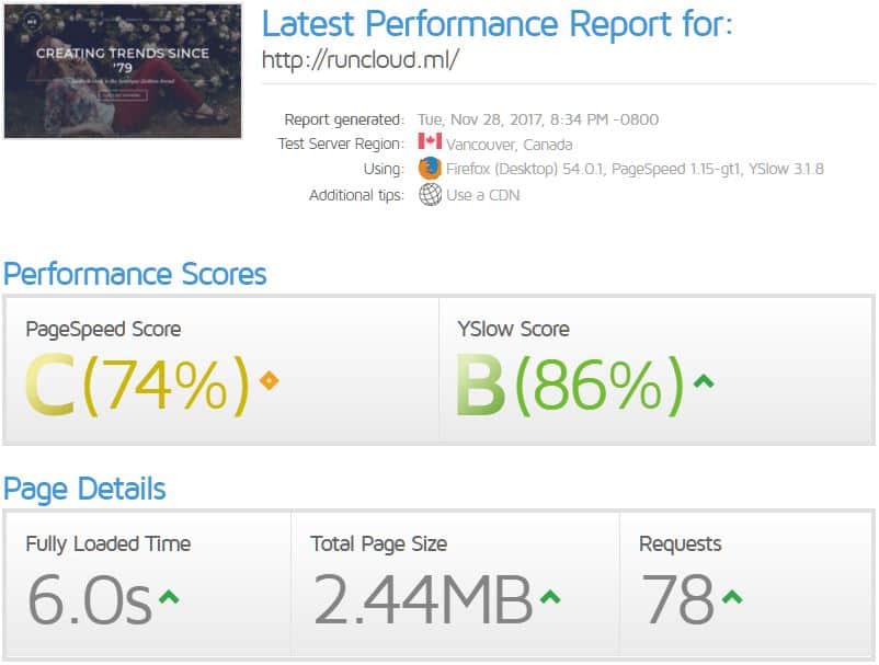 RunCloud on Avada speed test GTMetrix